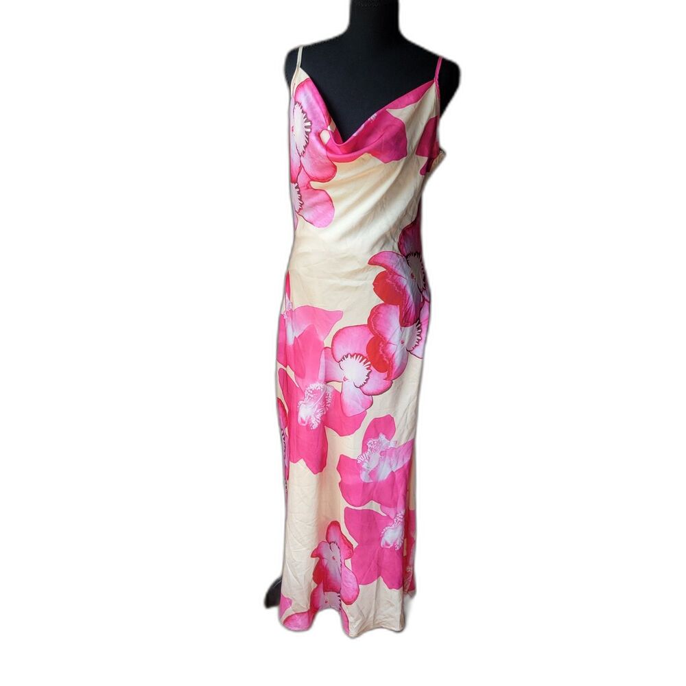 Paper Heart Anthropologie Floral Satin Cowl Neck Maxi Slip Dress Size M